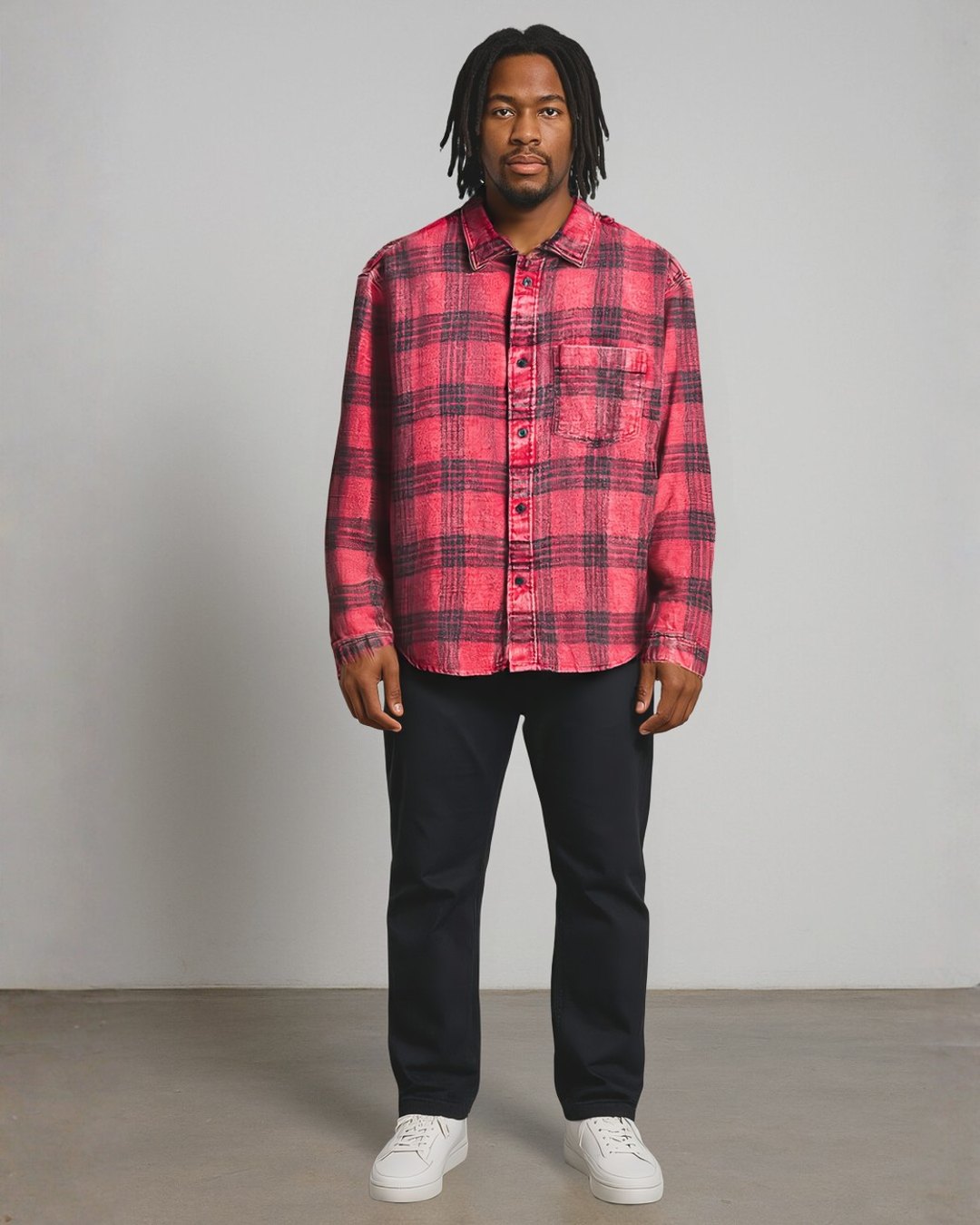 After: the same photo wearing the plaid overshirt